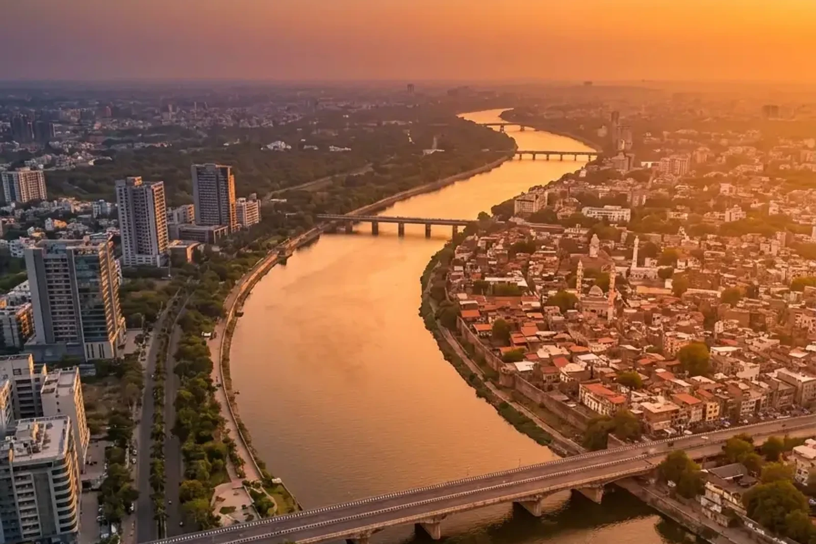 Aerial view of Ahmedabad and the Sabarmati river