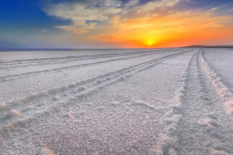 White Rann of Kutch salt desert at sunset