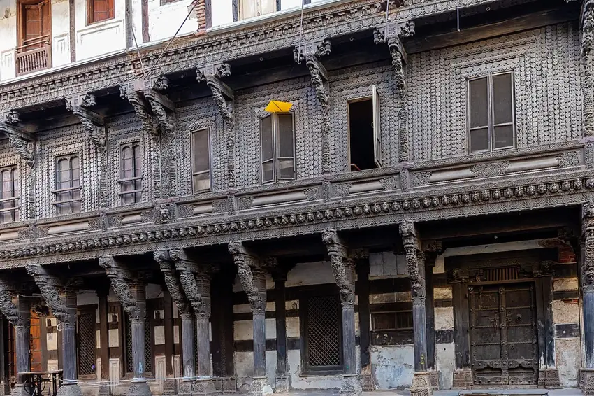 Carved wooden haveli facade in a pol of old Ahmedabad